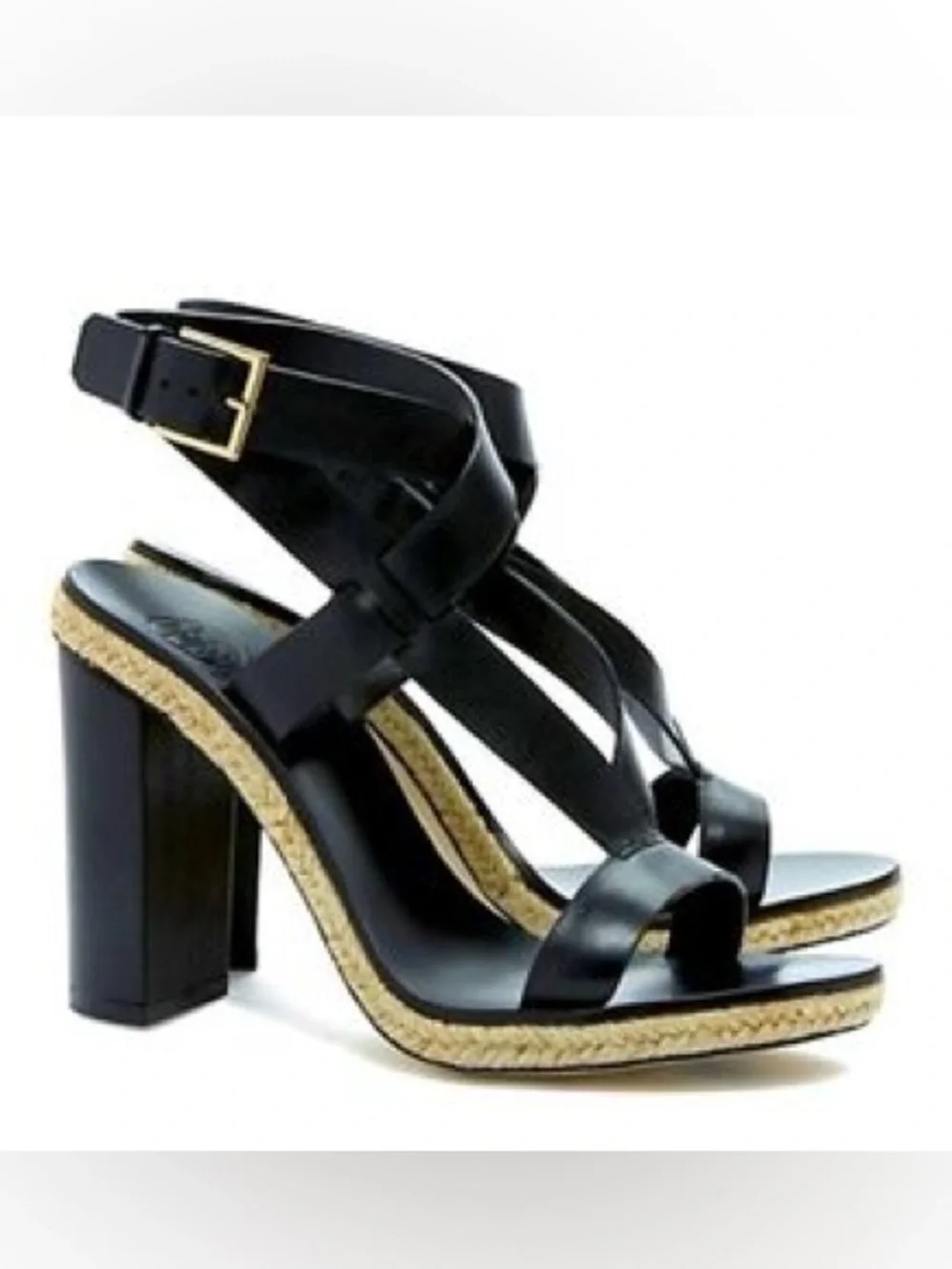 Tory Burch Marbella Leather Espadrille Block Heel Sandals Black Size 6.5